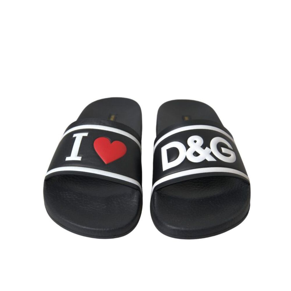 Dolce & Gabbana Black Leather I Love D&G Sandals Slides Women's Shoes